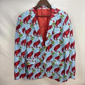 Suslo Couture Blue T-Rex Santa Slim Fit Suit Jacket 46/XXL Christmas 🎅 🦖